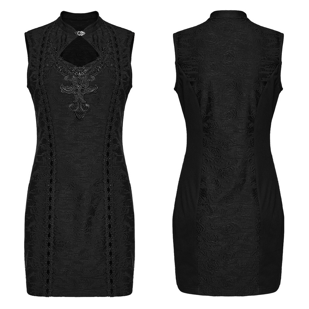 Elegant gothic sleeveless cheongsam dress with hollow cutout and lace details, perfect for dark elegance.