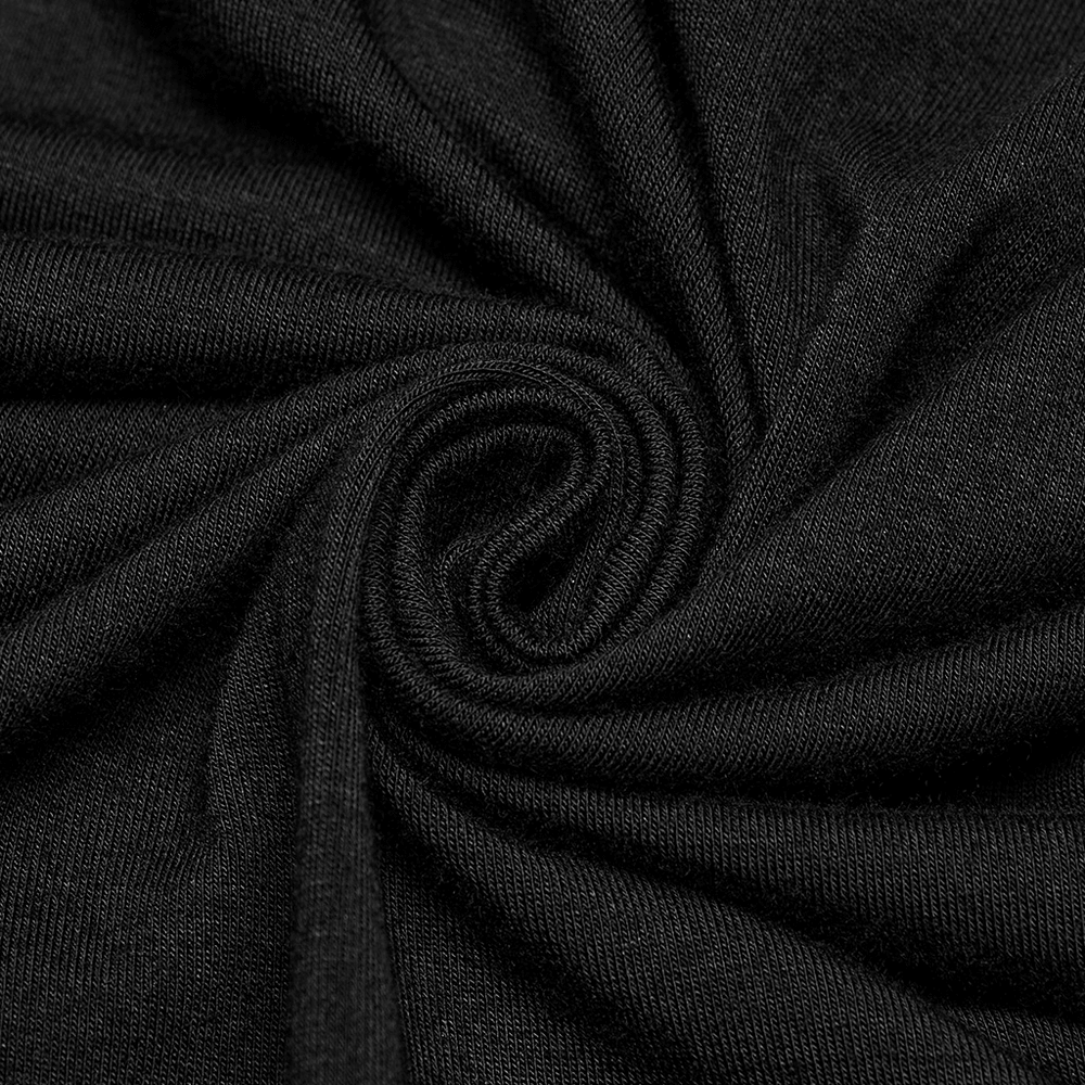 Close-up of soft, black elastic knitted fabric showcasing its unique texture and swirl patterns.