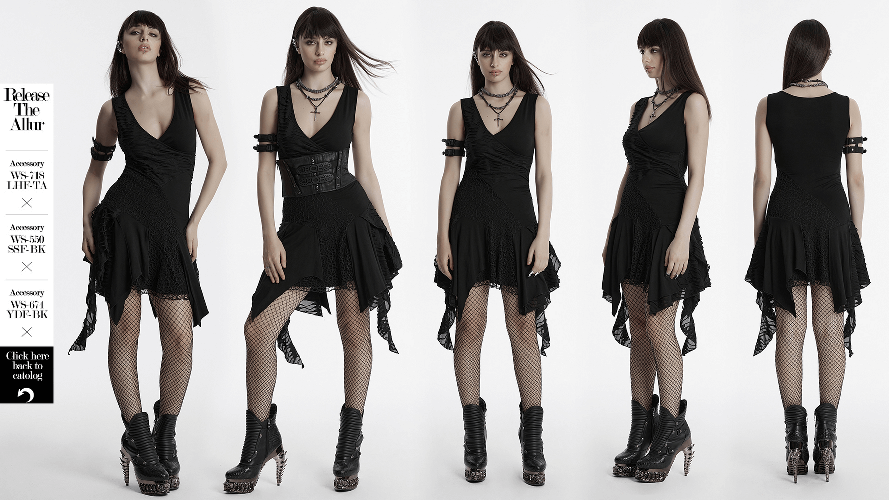 Gothic sleeveless dress with asymmetrical hem, mesh details, and accessories, perfect for alternative fashion lovers.