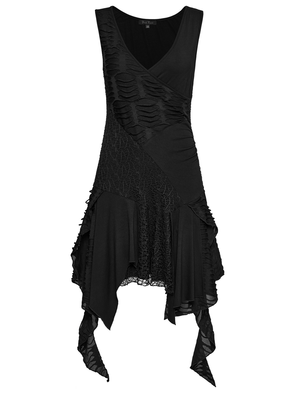 Gothic sleeveless dress with asymmetrical hem and mesh detailing, perfect for punk and alternative fashion.