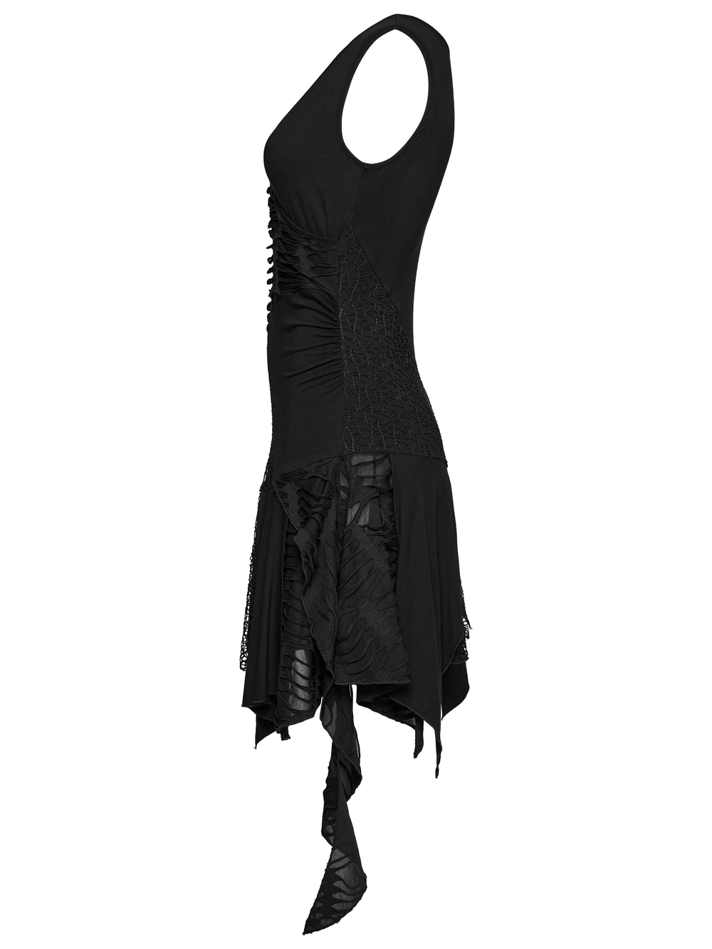 Gothic sleeveless dress with asymmetrical hem and mesh texture, perfect for punk and alternative fashion enthusiasts.