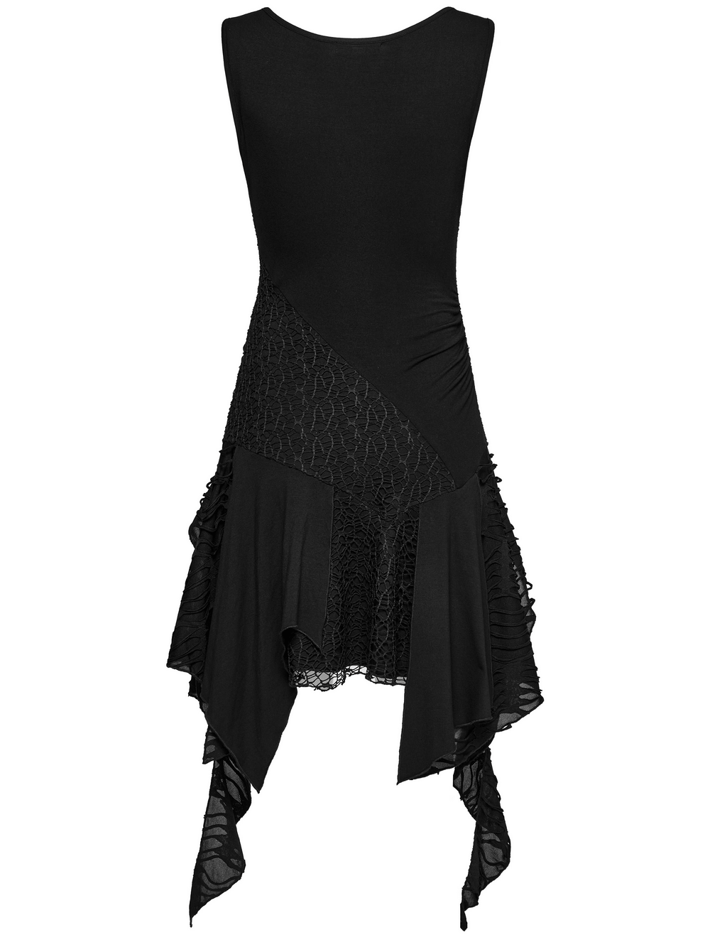 Gothic sleeveless dress with asymmetrical hem, mesh details, and edgy punk-inspired design.