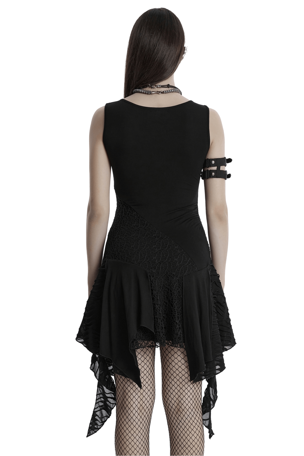 Back view of a gothic sleeveless dress with asymmetrical hem, featuring mesh and textured fabric details.