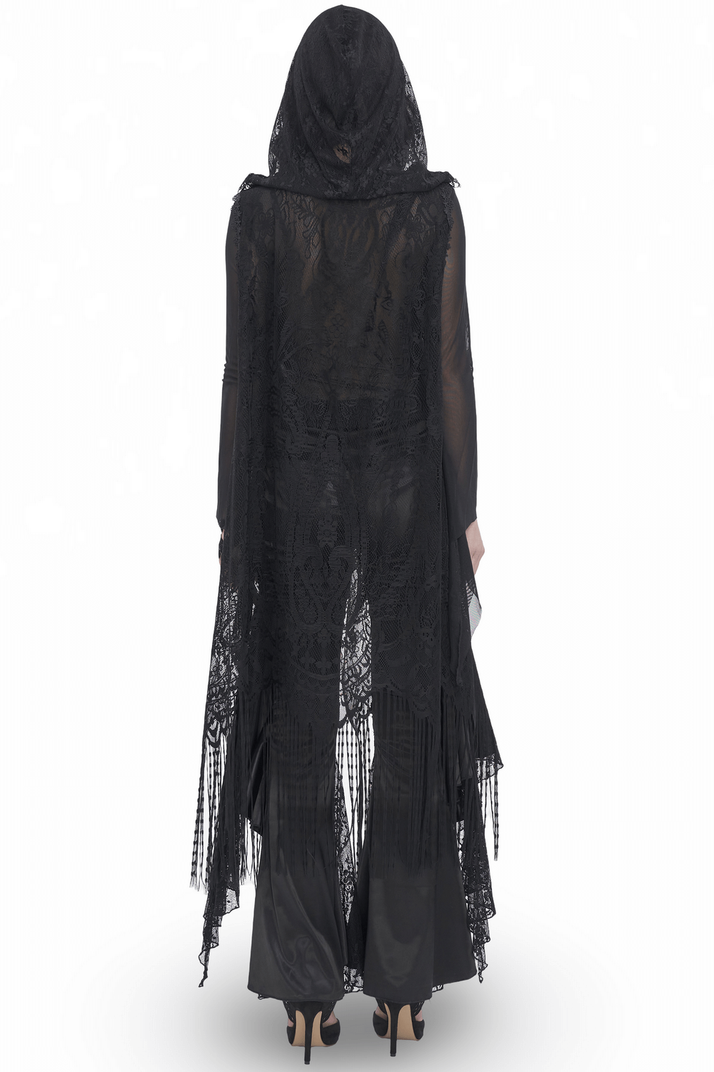 Elegant black lace sleeveless hooded cape for women, perfect for Halloween or masquerade events.