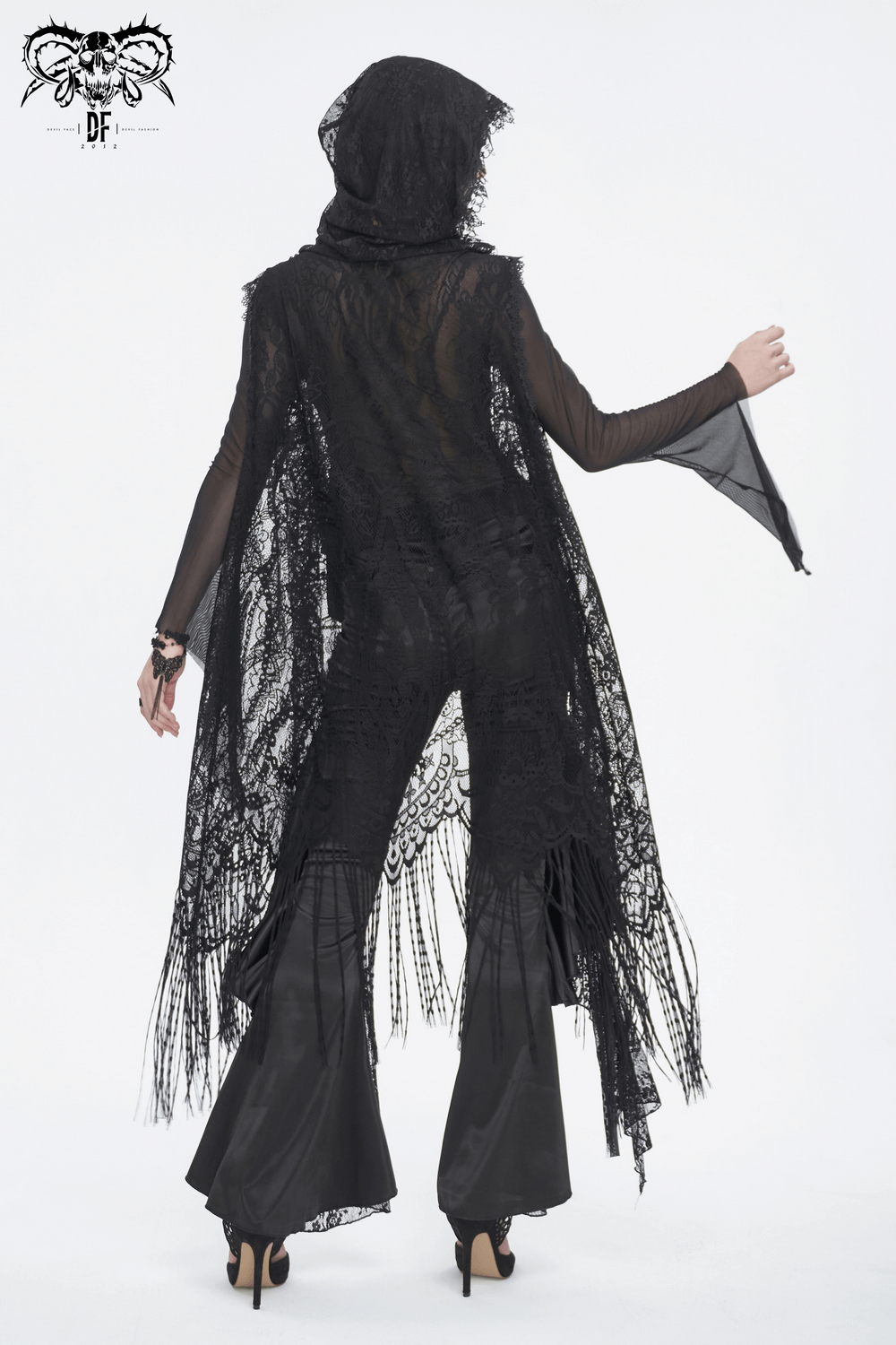 Elegant black lace sleeveless hooded cape for women, perfect for Halloween or masquerade events.