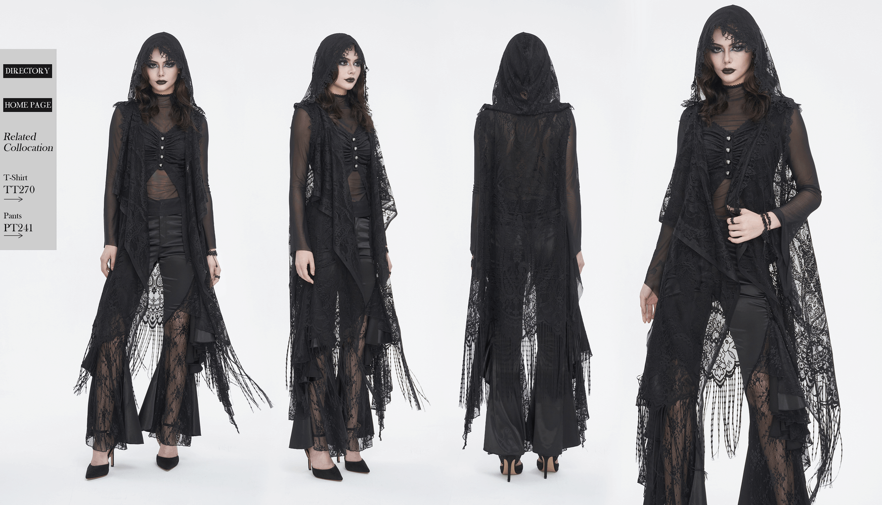 Elegant black lace sleeveless hooded cape for women, perfect for Halloween or masquerade, featuring intricate lace and tassels.