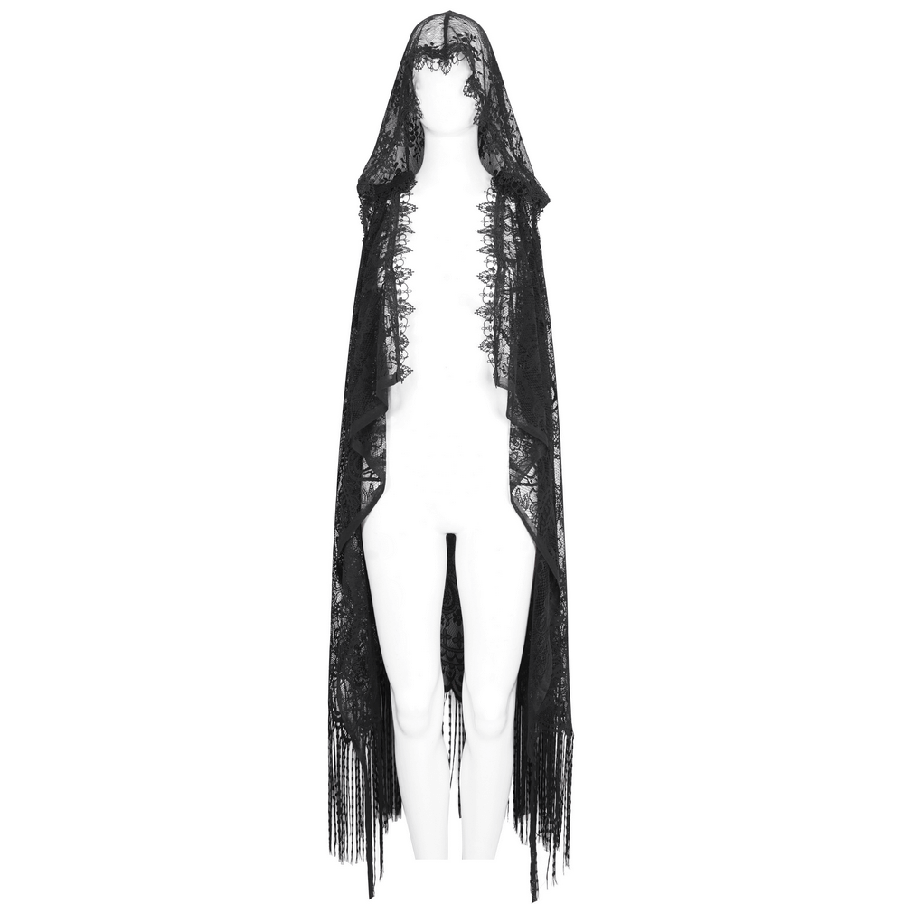 Elegant black sleeveless hooded lace cape for women with tassels, perfect for Halloween or special occasions.