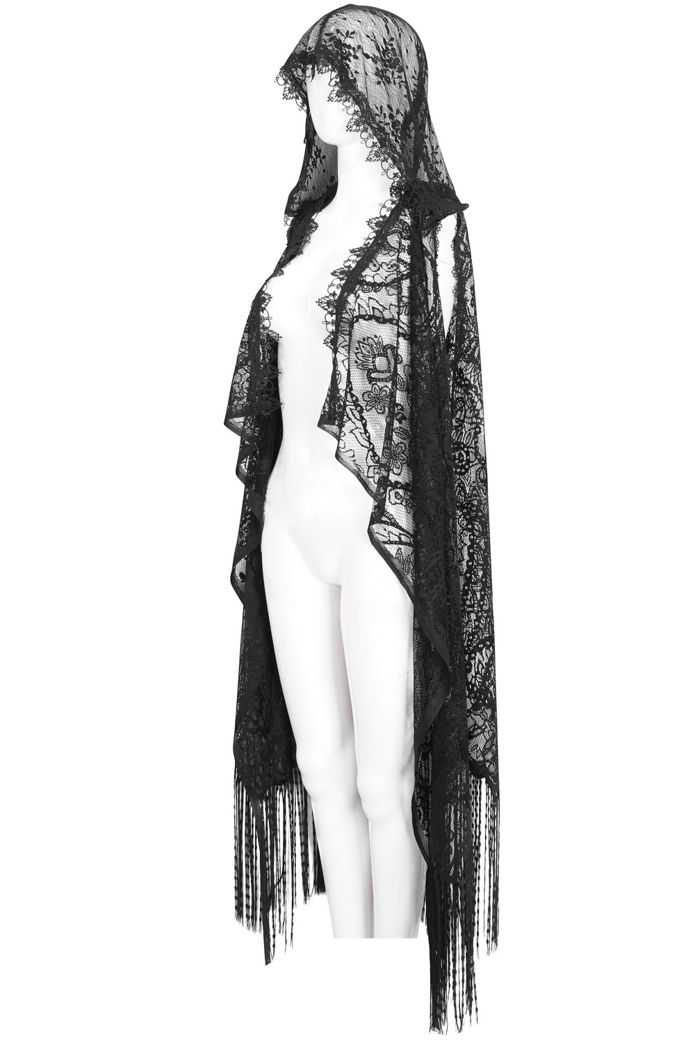 Elegant black lace sleeveless hooded cape with tassels, perfect for Halloween or masquerade events.