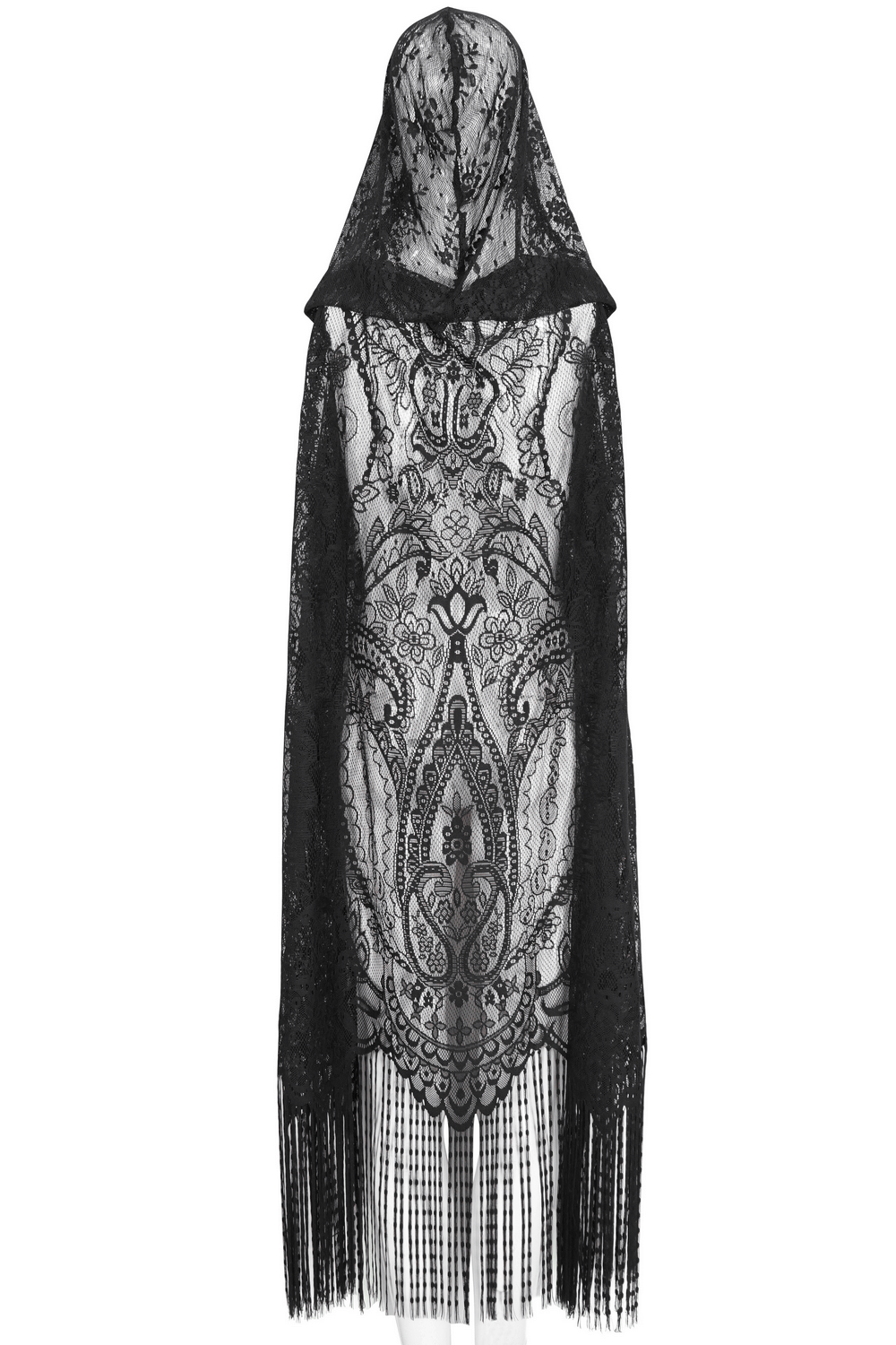 Elegant black lace sleeveless hooded cape for women with tassels, perfect for Halloween and masquerade events.
