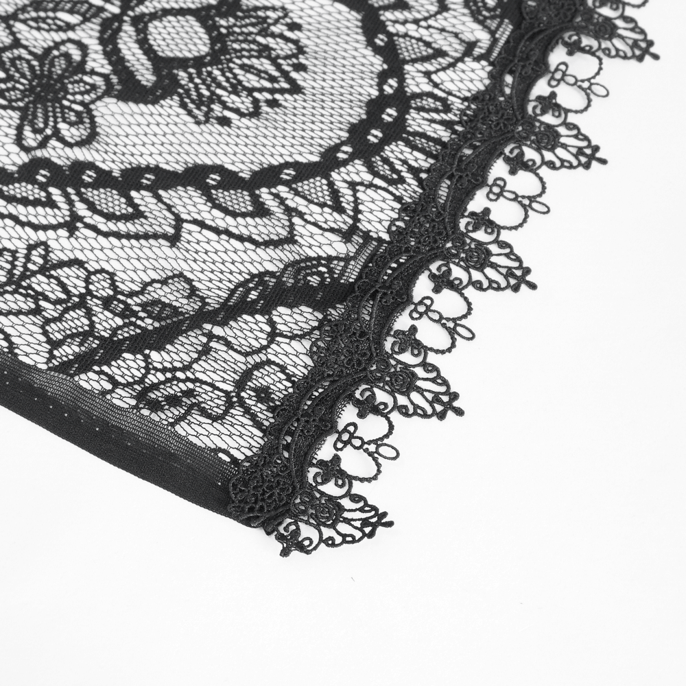 Elegant black lace detail showcasing intricate design, perfect for a gothic sleeveless cape for women.