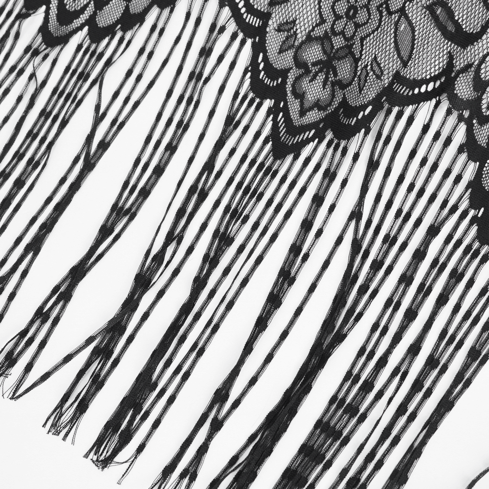 Intricate black lace detail with tassels, perfect for a gothic sleeveless cape design.