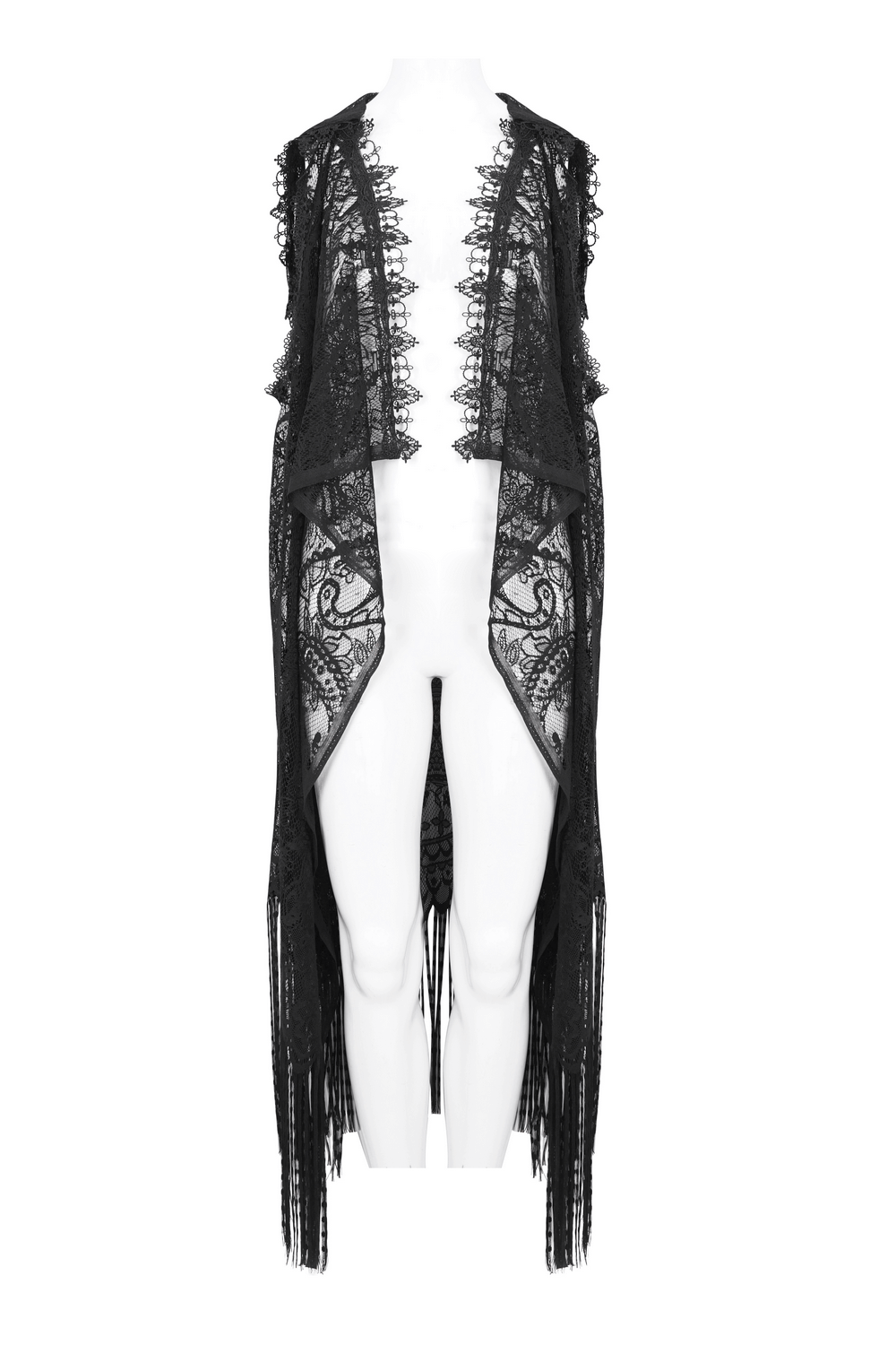 Elegant black sleeveless lace cape with hood and tassels for women, perfect for special occasions.