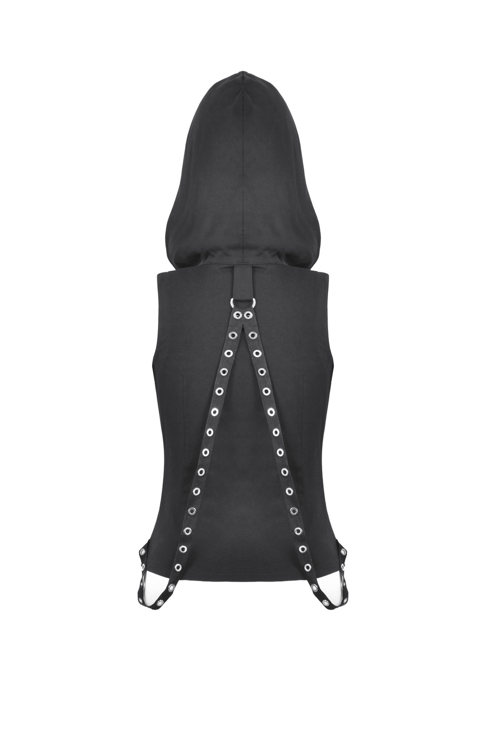 Gothic Sleeveless Hooded Top with Buckle Strap Detail