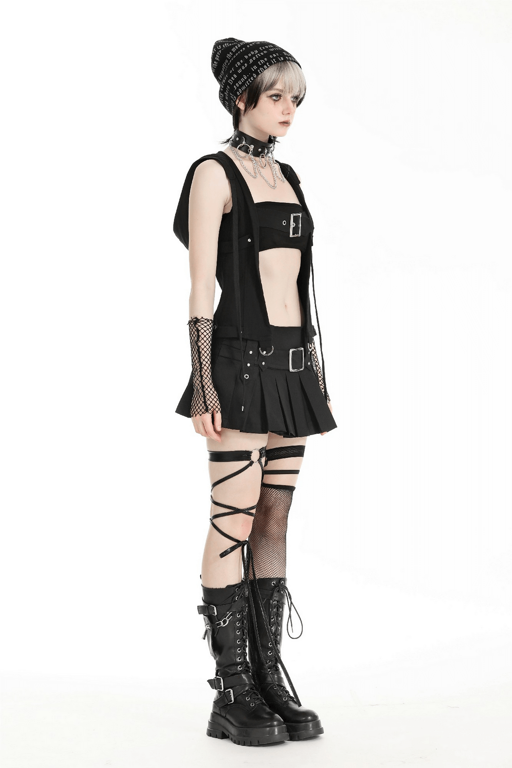 Gothic Sleeveless Hooded Top with Buckle Strap Detail