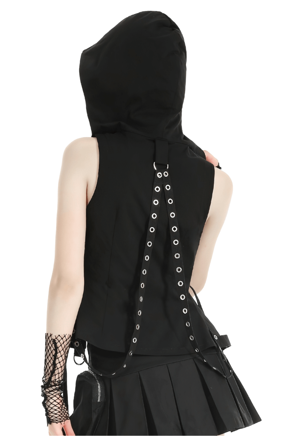 Back view of Gothic sleeveless hooded top with eyelet strapping and buckle detail, perfect for punk rock style.