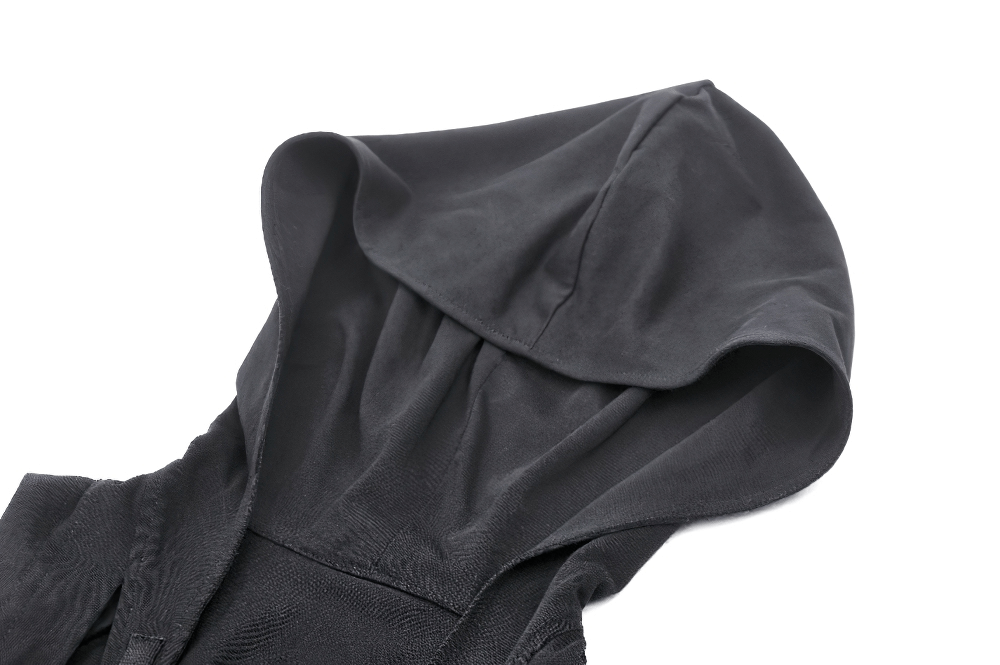 Close-up of a black sleeveless hooded top showcasing its sleek hood design, perfect for goth and punk styles.