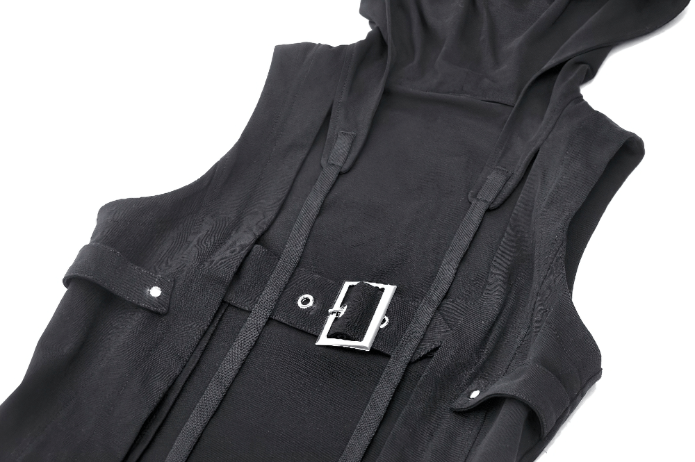 Gothic sleeveless hooded top with buckle strap and eyelet detail in sleek black design.