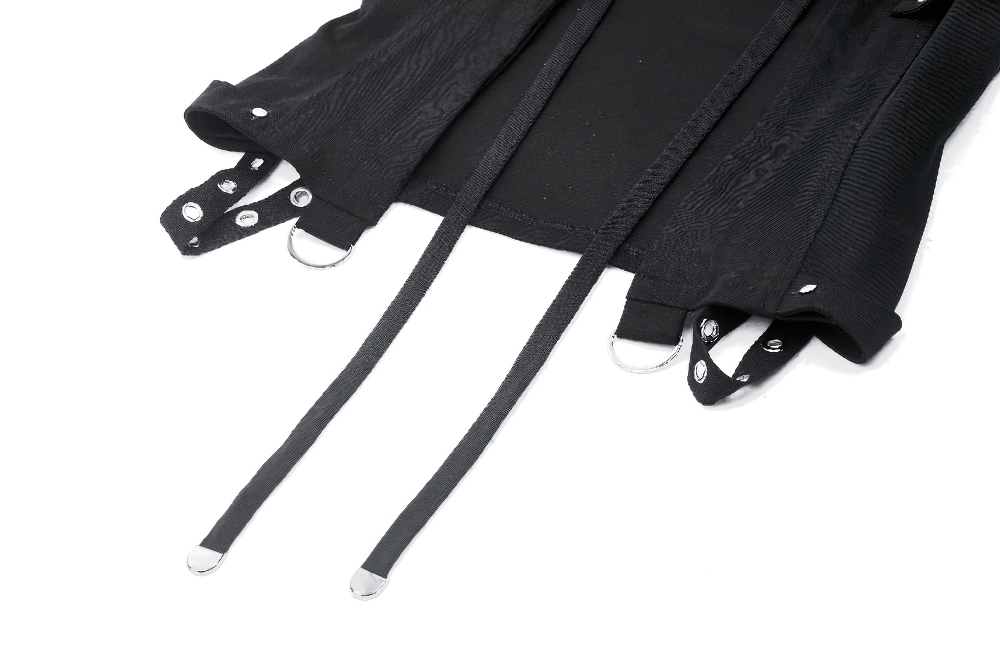 Close-up of the buckle strap and eyelet detail on a gothic sleeveless hooded top in sleek black.