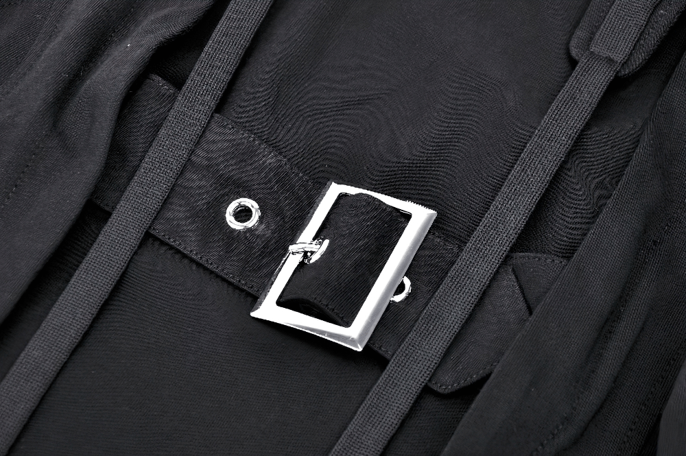 Close-up of a black buckle strap detail on a gothic sleeveless hooded top.