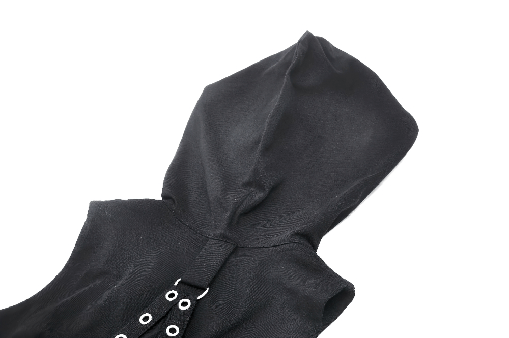 Close-up of a gothic sleeveless hooded top with eyelet strap details, showcasing a sleek black design.