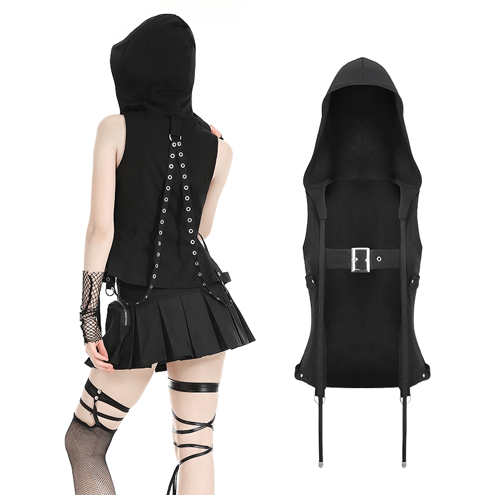 Gothic Sleeveless Hooded Top with Buckle Strap Detail