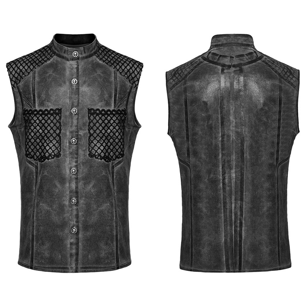 Gothic sleeveless shirt with mesh detailing and button closure, featuring black design and stylish high neck.