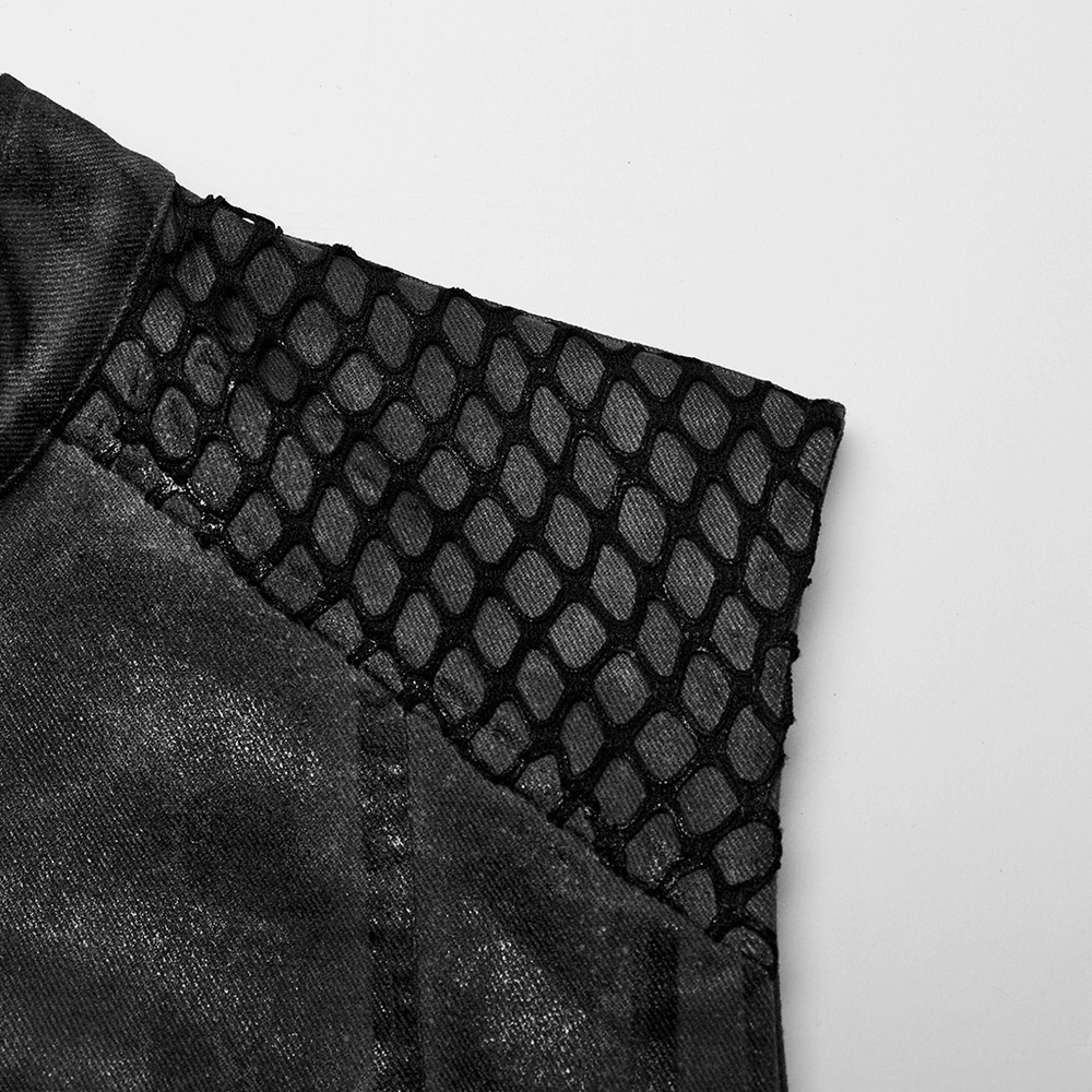 Close-up of a gothic sleeveless shirt featuring mesh detailing on the shoulder for a stylish edge.