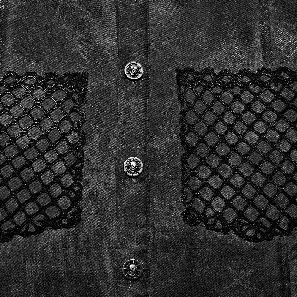 Close-up of gothic sleeveless shirt with mesh pockets and button closure, featuring stylish black detailing.
