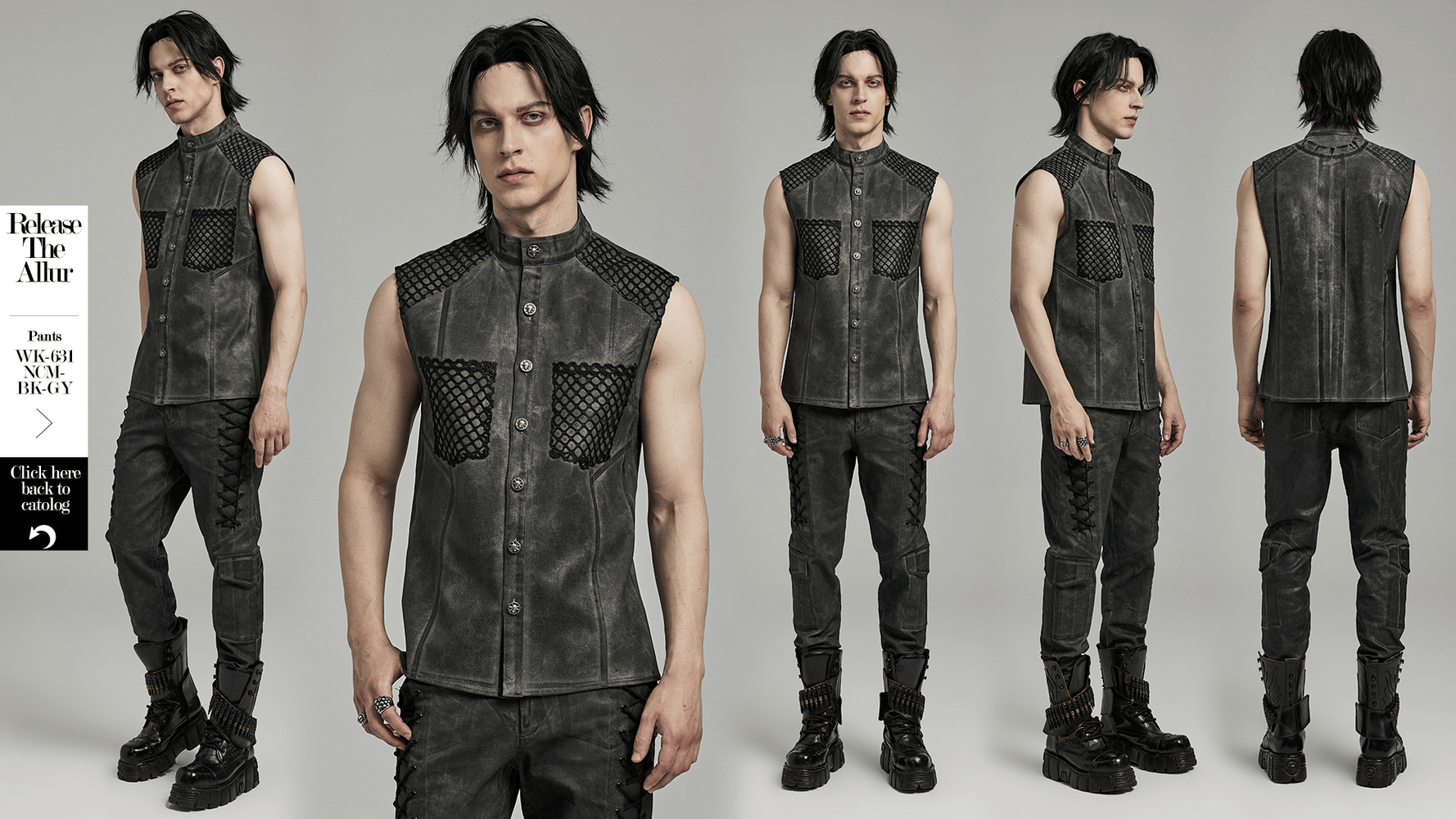 Gothic sleeveless shirt with mesh detailing and buttons, perfect for edgy men's fashion.