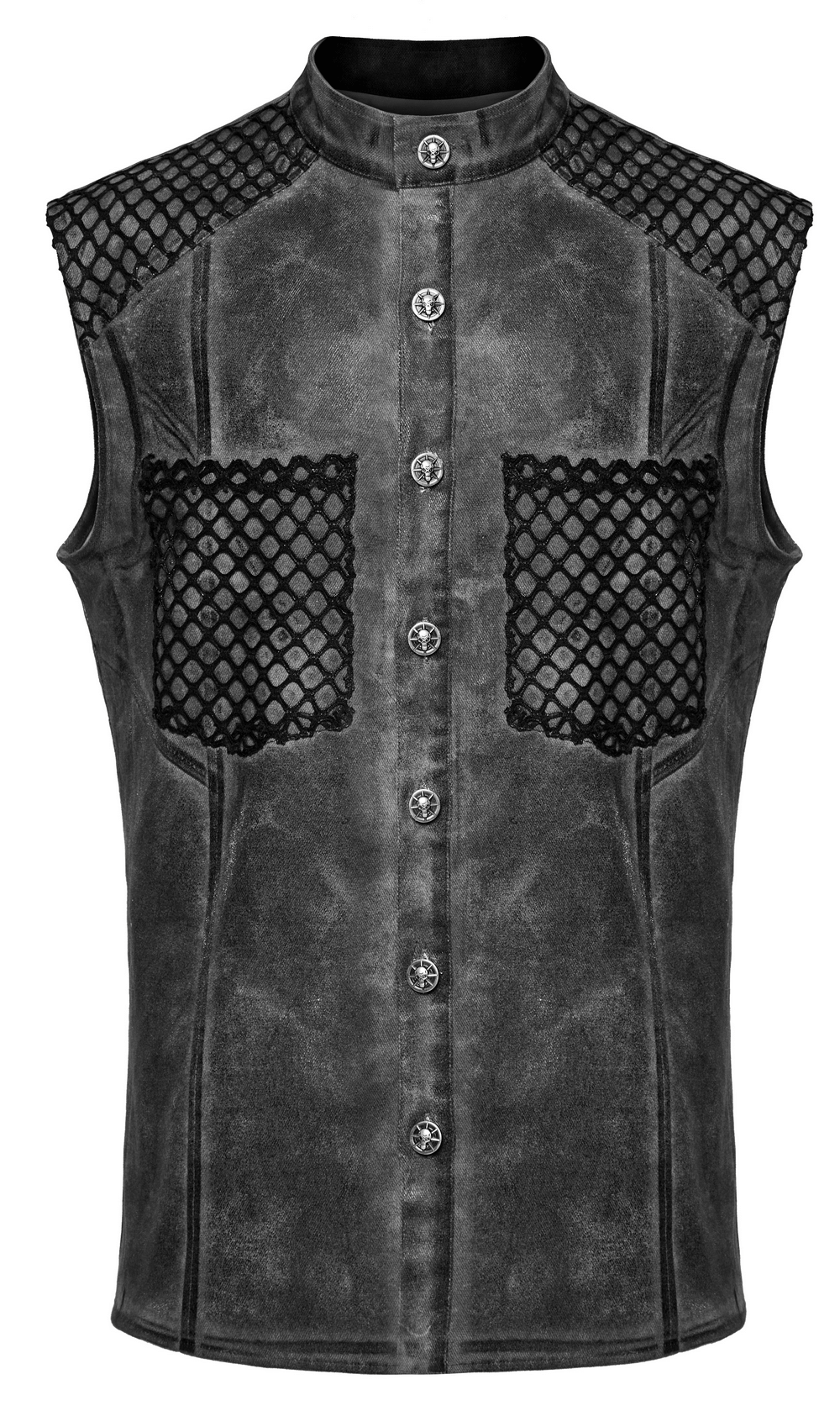 Gothic sleeveless shirt featuring mesh pockets, button closure, and high neck for a unique edgy style.
