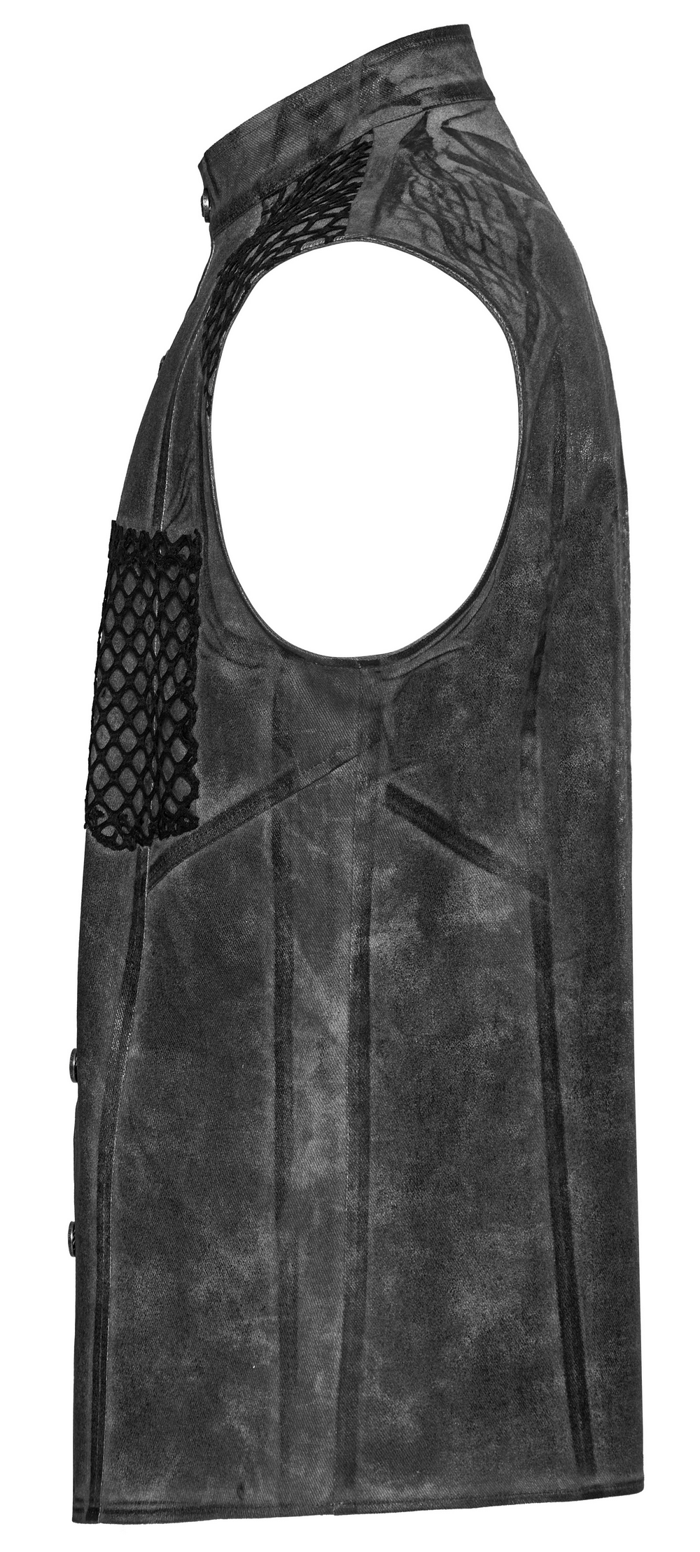 Gothic sleeveless shirt featuring mesh detailing and button closure, perfect for a stylish edgy look.