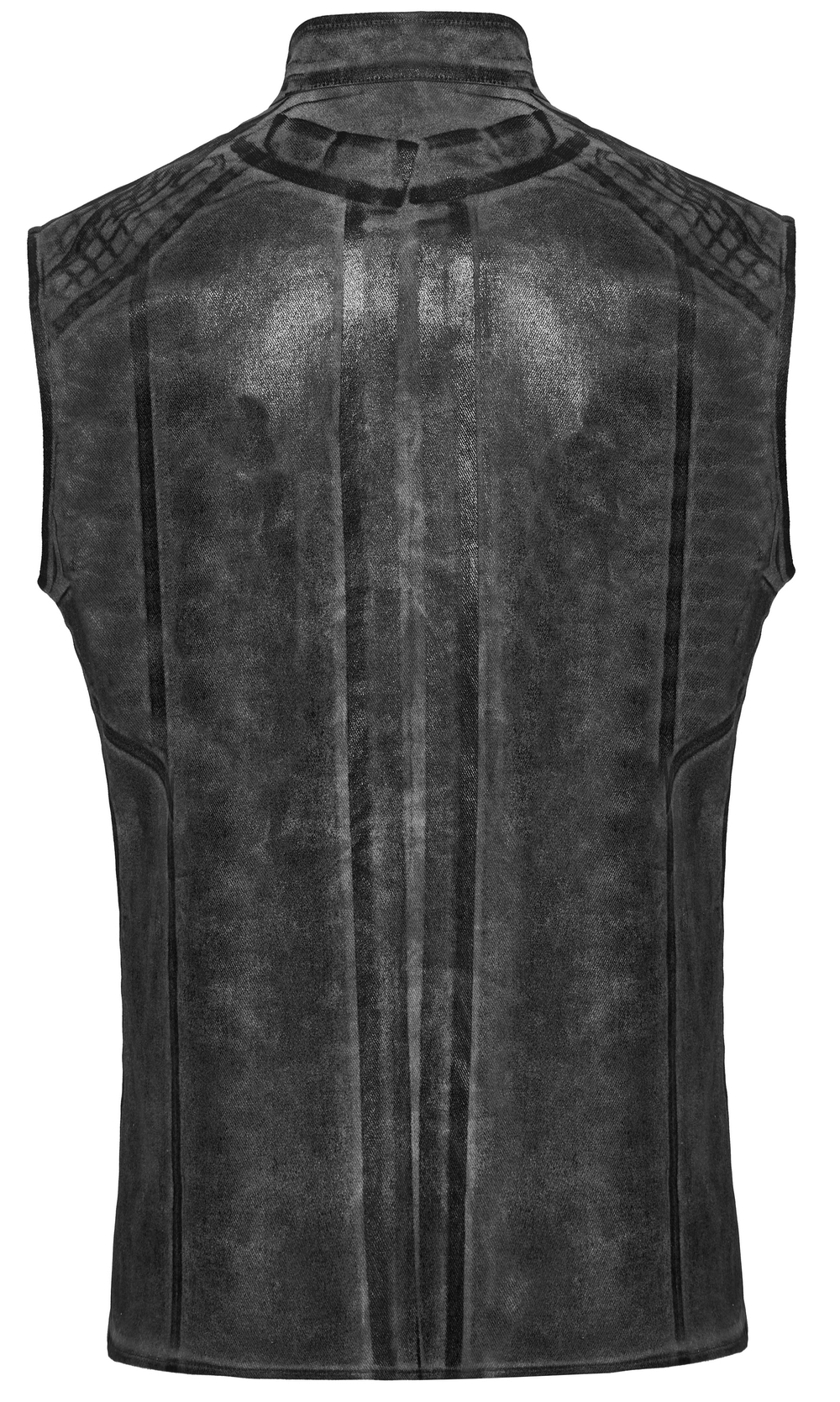 Gothic sleeveless shirt featuring mesh detailing, high neck and unique stitching in stylish black design.