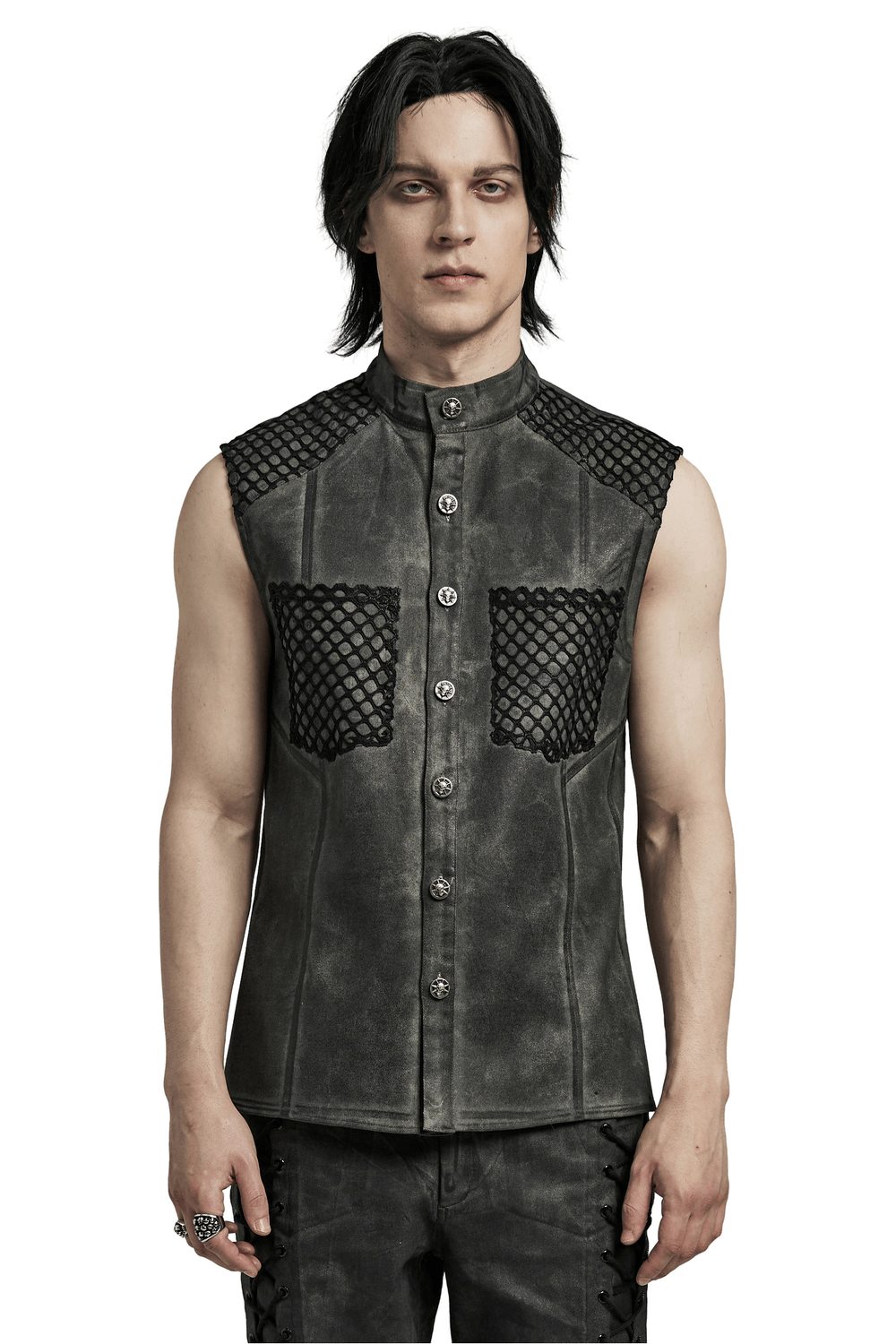 Gothic sleeveless shirt with mesh detailing, pockets, and button closure, perfect for an edgy wardrobe.