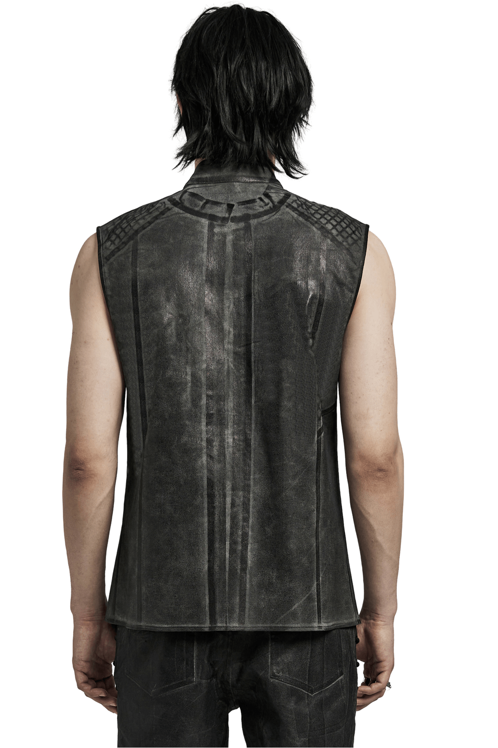 Gothic sleeveless shirt with unique mesh detailing and stylish back view for men.