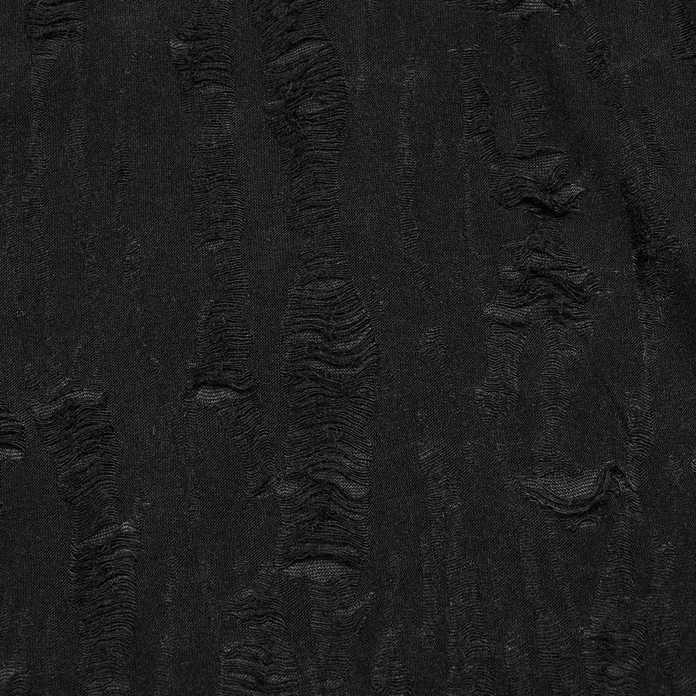 Distressed black knitted fabric texture showcasing a punk-inspired, grunge aesthetic perfect for gothic fashion.