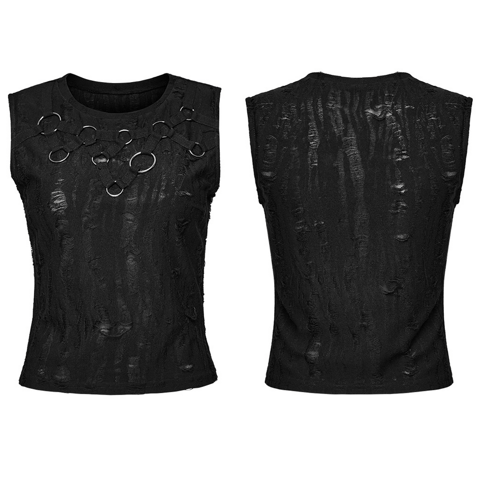 Gothic sleeveless top with iron rings, distressed texture, and punk style for edgy streetwear fashion.