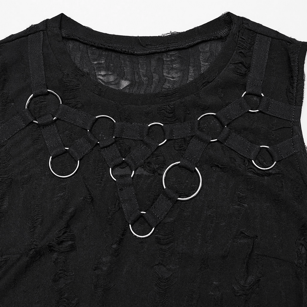 Gothic sleeveless top with iron rings and tattered texture for punk fashion enthusiasts.