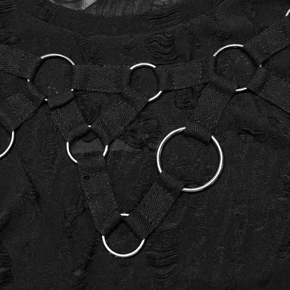 Gothic sleeveless top with distressed texture and iron rings for an edgy punk look.