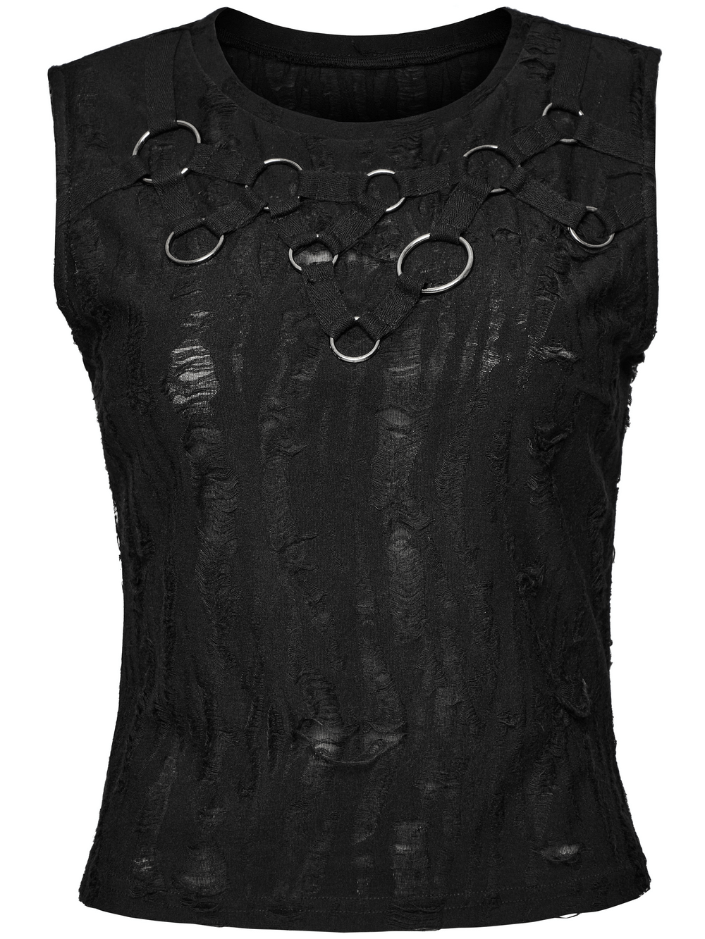 Gothic sleeveless top with distressed texture and iron rings, perfect for punk streetwear fashion.