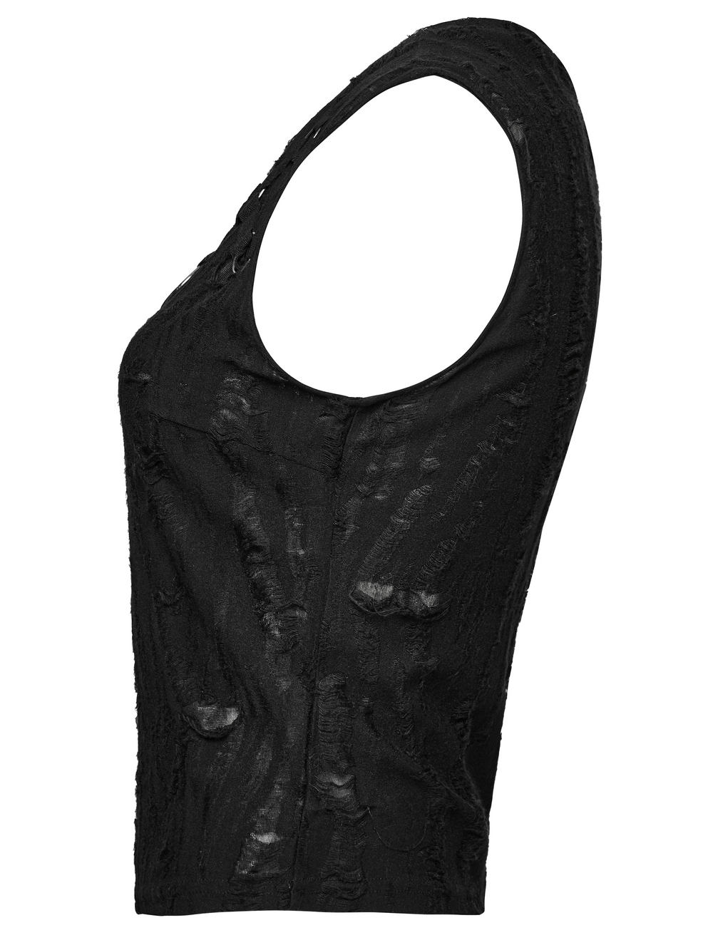 Gothic sleeveless top with unique distressed texture and punk iron rings for edgy fashion lovers.