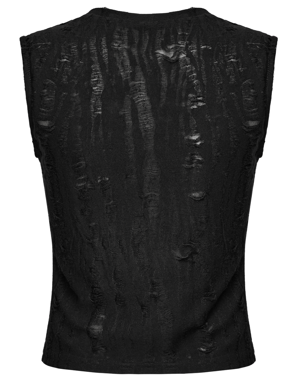 Gothic sleeveless top featuring tattered black fabric with a distressed texture for a punk, edgy style.