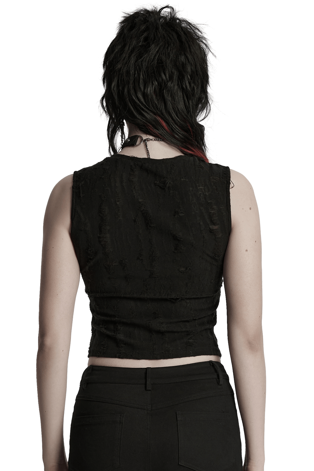 Back view of gothic sleeveless top with tattered texture and edgy design, perfect for punk streetwear lovers.