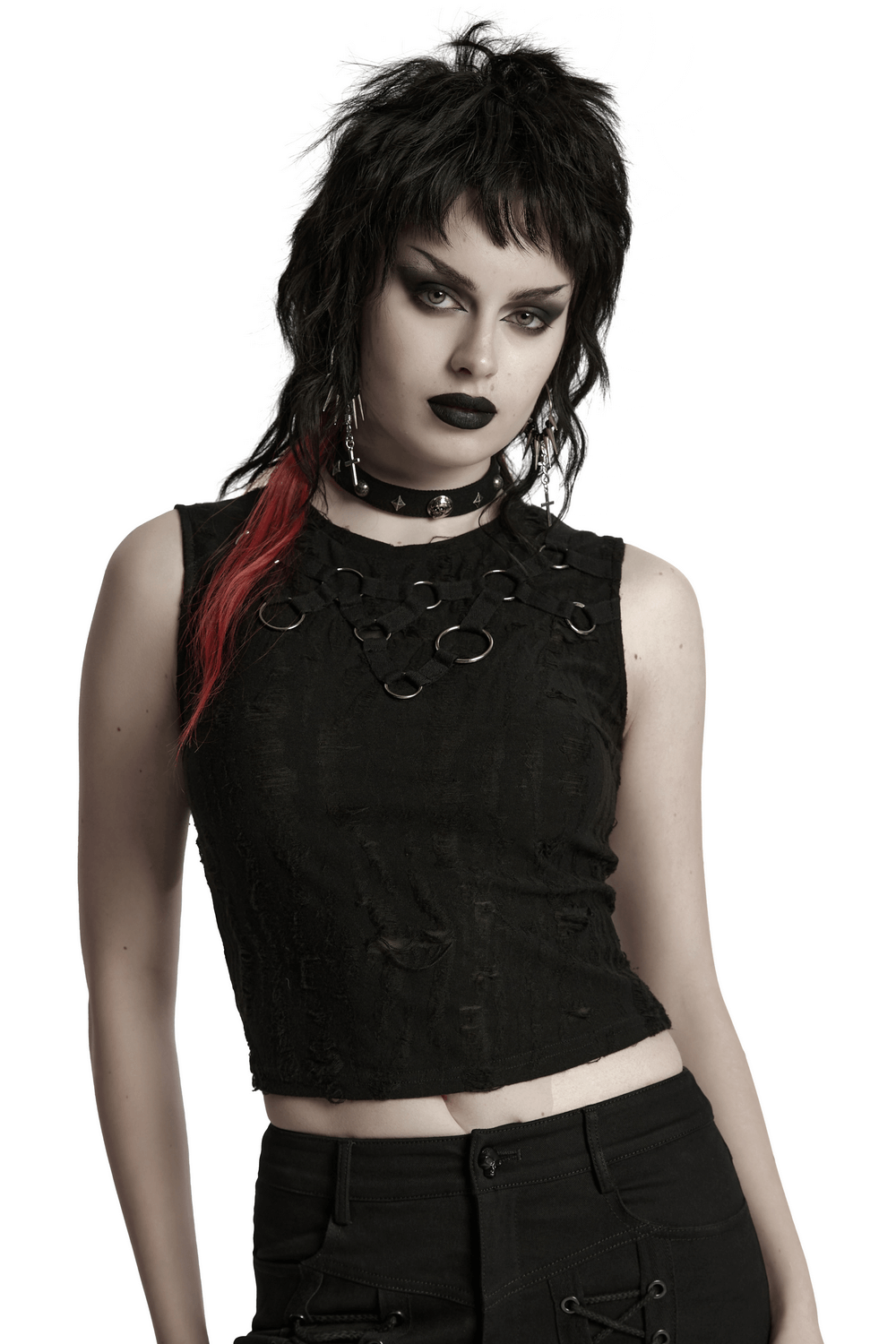 Gothic sleeveless top with iron rings and distressed texture, perfect for punk streetwear style.