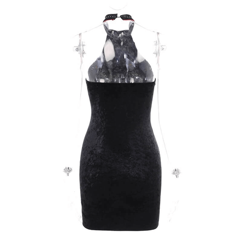 Gothic Sleeveless Velvet Dress for Women / Grunge Sexy Backless Slim Black Dress - HARD'N'HEAVY