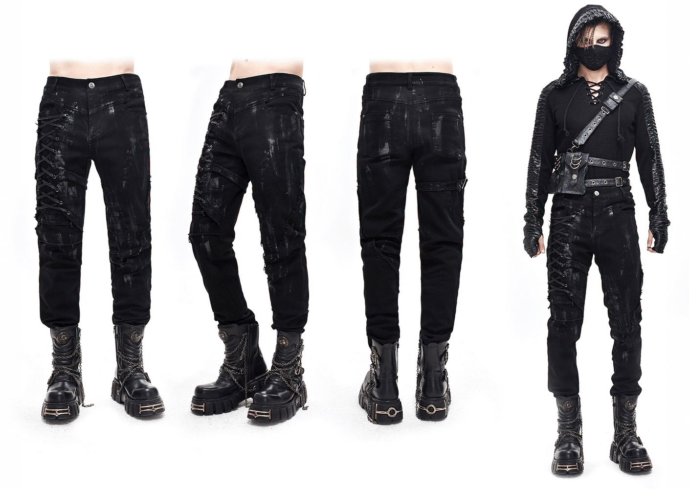 Men's Gothic slim fit black pants with lace-up detail and stylish design, perfect for edgy fashion lovers.