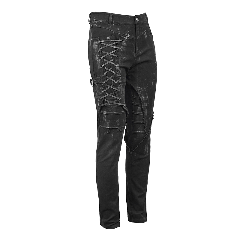 Gothic Slim Fit Pants with Lace-up on Right Leg / Belt Buckle Black Trousers in Punk Rock Style - HARD'N'HEAVY