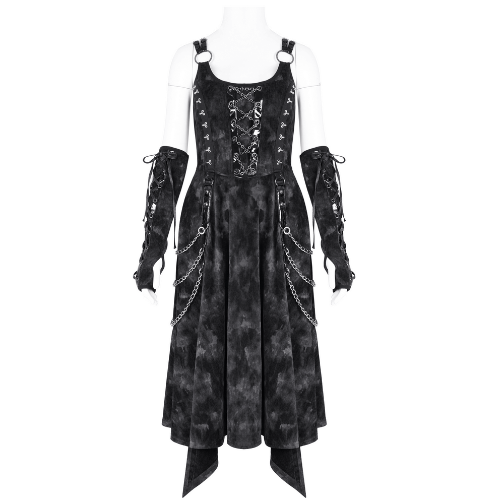 Gothic slip dress with silver chains and lace-up details, paired with matching long gloves, showcasing a dark and edgy style.