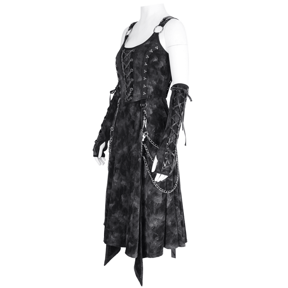 Gothic slip dress with chains and gloves, crafted from black velvet, featuring lace-up details and a high-low hem.