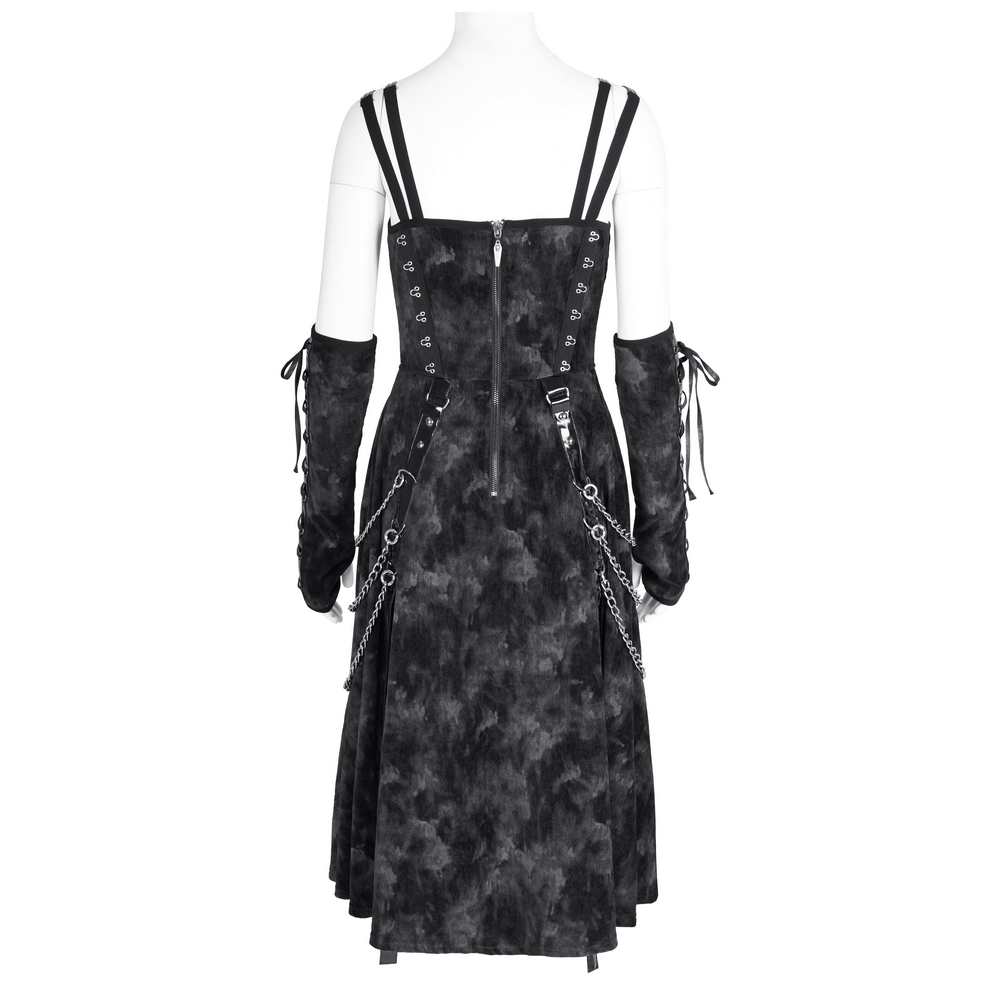 Black velvet gothic slip dress with chains and long gloves, showcasing a stylish back view and lace-up details.