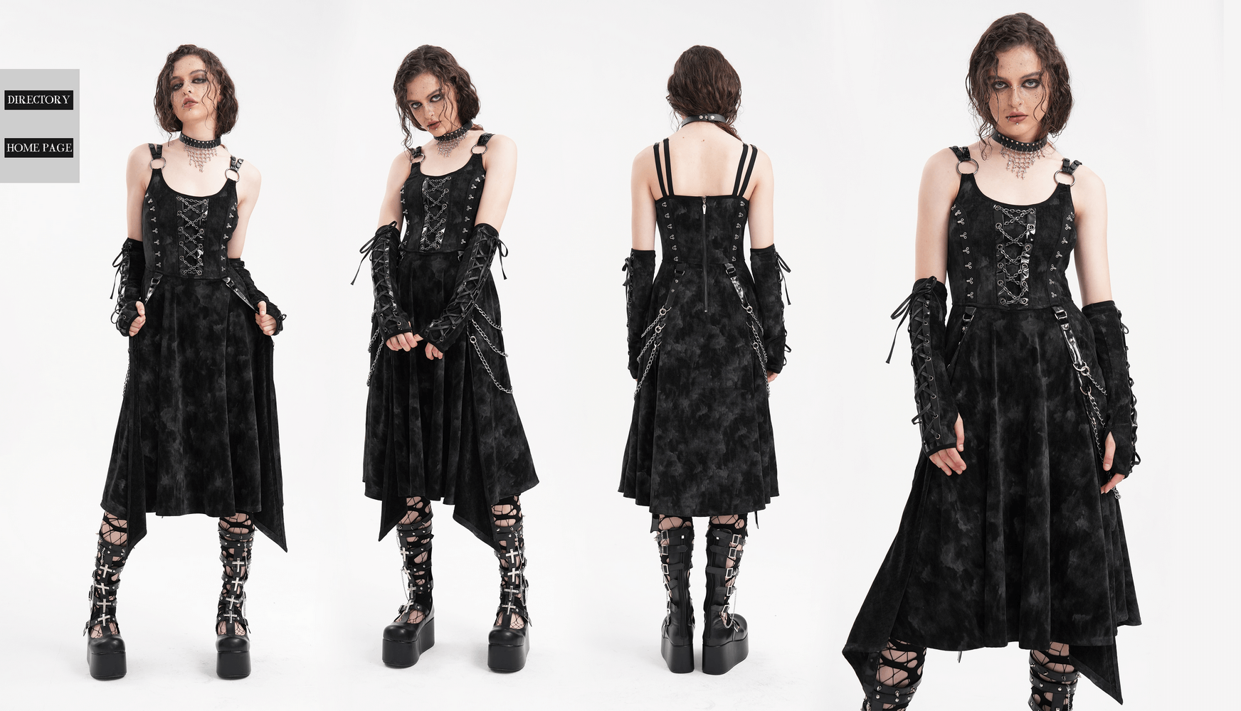 Gothic slip dress featuring chains and gloves, showcasing a dark, edgy style with lace-up details and a flowy high-low hem.